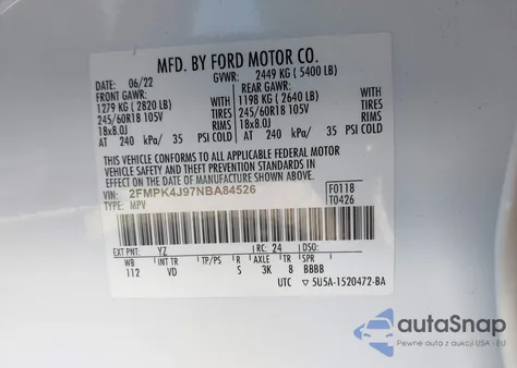 2022 Ford Edge Sel z USA, uszkodzony, nr VIN 2FMPK4J97NBA84526